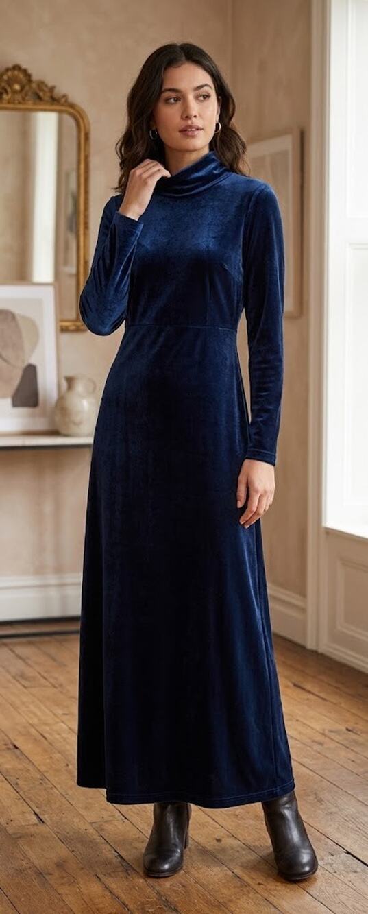 Vintage Y2K Moda International Velvet Mock-Neck Maxi Dress Large Midnight Blue